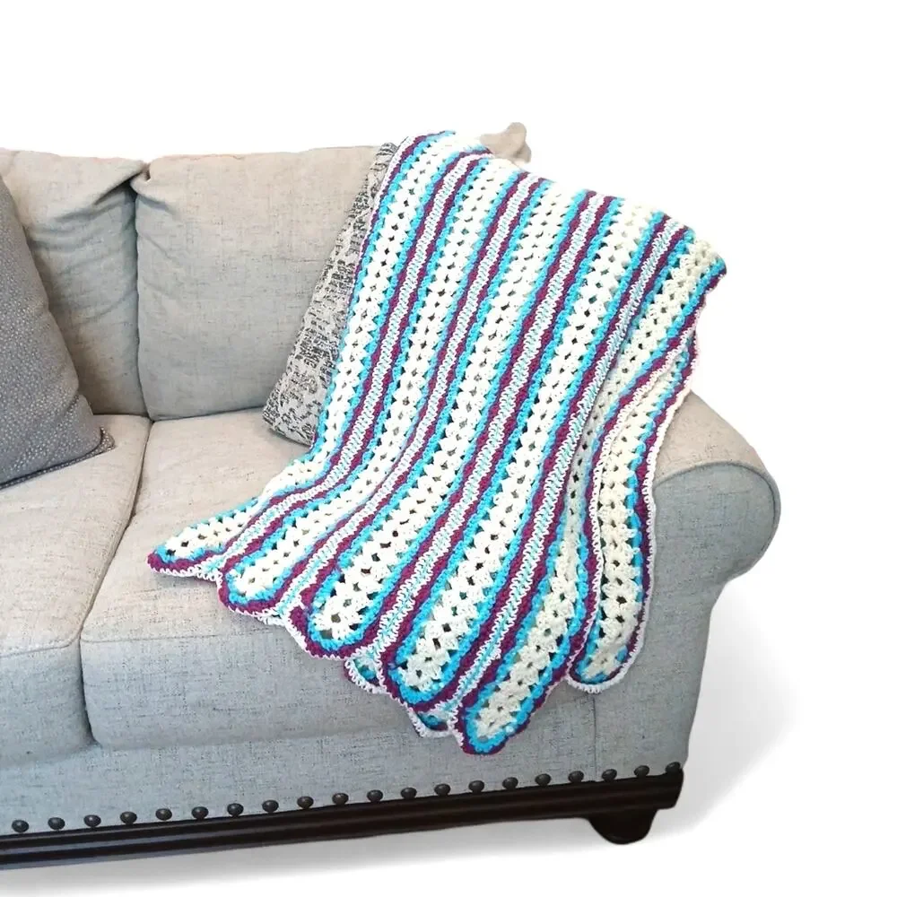 VNT Crochet Blanket Throw Afghan 68.x37 Blue White Stripes Scallop Hippie Granny